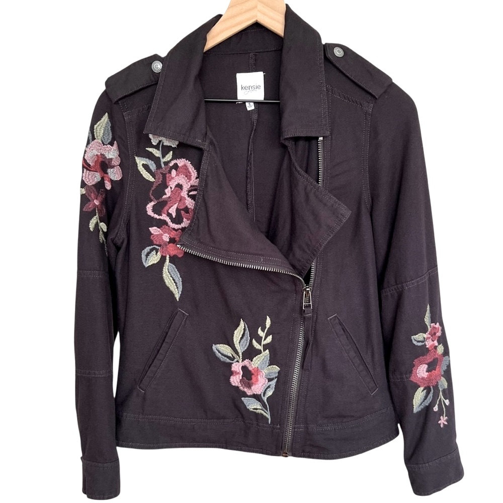 Kensie Embroidered Black Cotton Asymmetrical Front Zip Moto Jacket Size Small